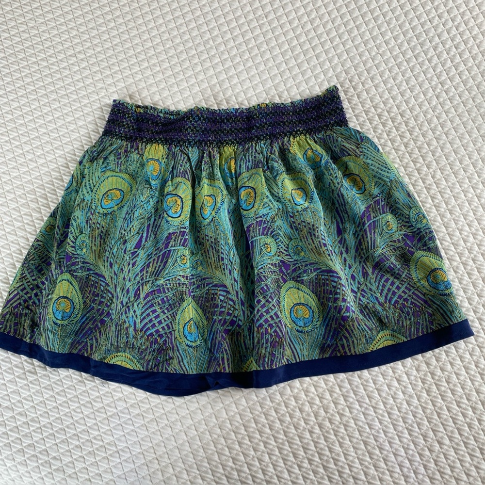 Kimchi & Blue Peacock Print Mini Skirt Smocked Waist Blue Green Silk  Size Med